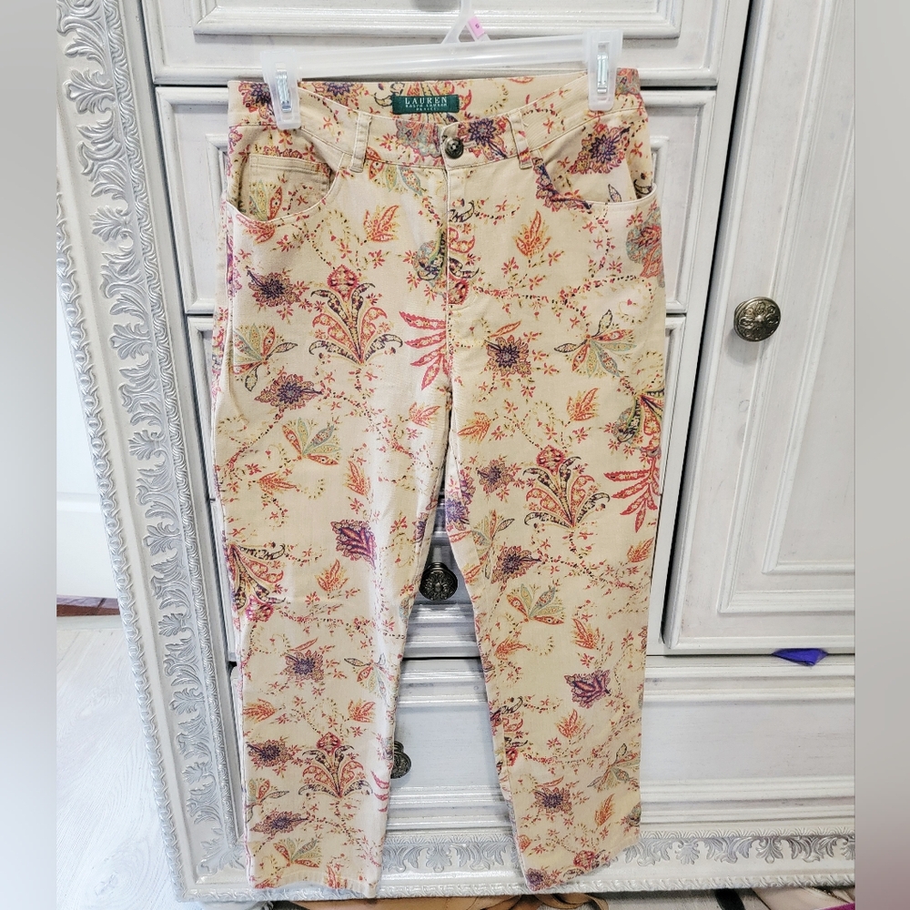 Ralph Lauren Cream Floral Women's Straight Leg Jeans, Sz. 4